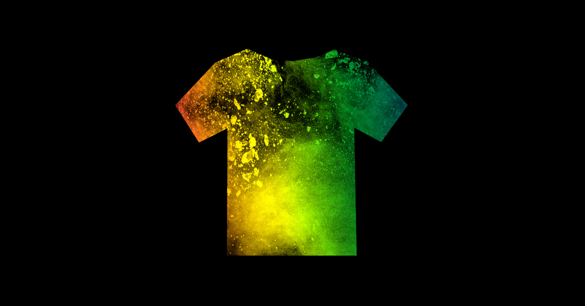 T-Shirt bedruckt mit fluoreszierenden Neon-Pigmenten leuchtet unter Schwarzlicht